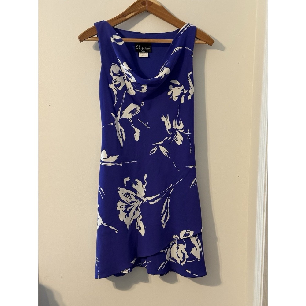 Vintage Cottage S.L. Fashions Floral Sheath Dress Blue White Sleeveless 10P